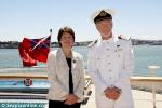 ID 3778 QUEEN MARY 2 (2003/148528grt/IMO 9241061) - Cunard President and Managing Director Carol Marlow with Captain Christopher Rynd pose for New Zealand media pictures aft on Deck 7 with a backdrop of...